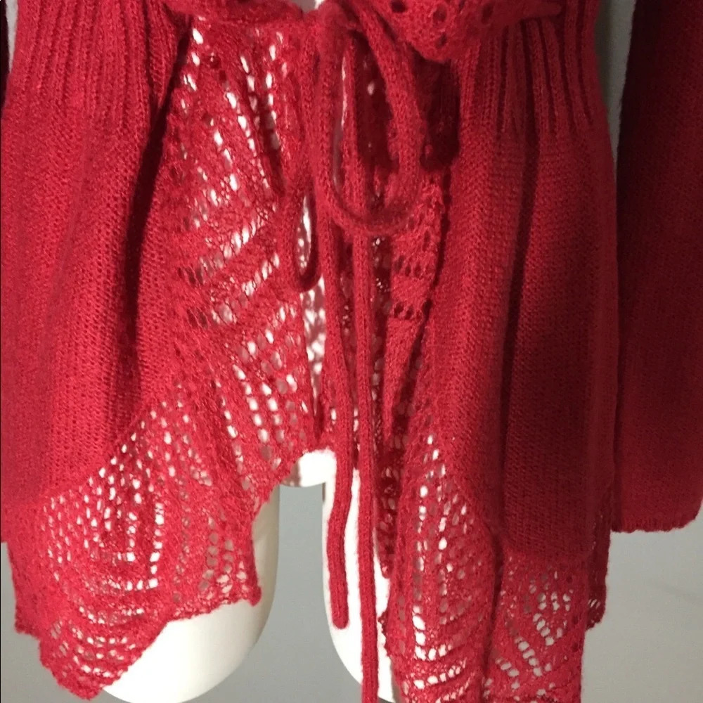 Elle Red Sweater With Crochet Lace edges and Tie Front XS - Picture 3 of 10